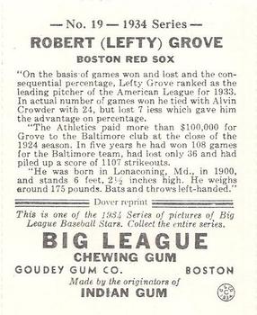 1982 Dover Publications Reprints American League #19 Lefty Grove Back