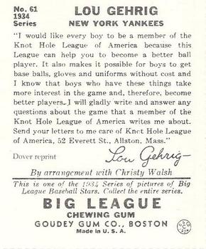 1982 Dover Publications Reprints American League #61 Lou Gehrig Back