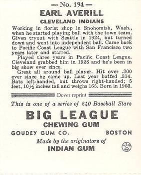 1982 Dover Publications Reprints American League #194 Earl Averill Back