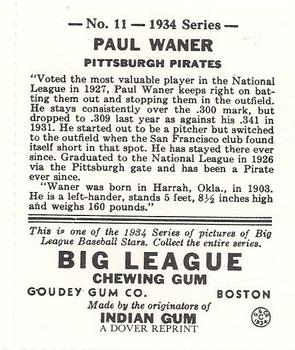 1982 Dover Publications Reprints National League #11 Paul Waner Back
