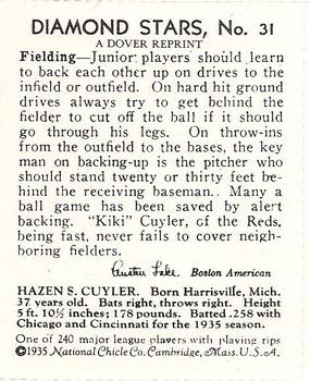 1982 Dover Publications Reprints National League #31 Kiki Cuyler Back