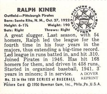 1982 Dover Publications Reprints National League #33 Ralph Kiner Back
