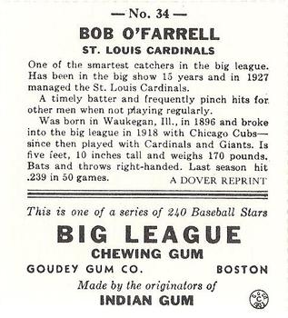 1982 Dover Publications Reprints National League #34 Bob O'Farrell Back