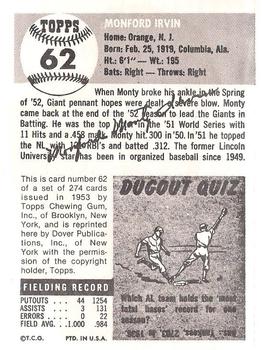 1982 Dover Publications Reprints National League #62 Monte Irvin Back