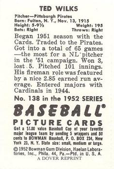 1982 Dover Publications Reprints National League #138 Ted Wilks Back