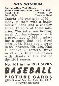 1982 Dover Publications Reprints National League #161 Wes Westrum Back