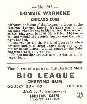 1982 Dover Publications Reprints National League #203 Lon Warneke Back