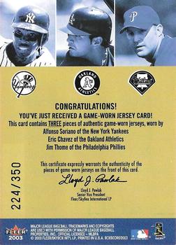 2003 Fleer Box Score - Jersey Rack Trios #NNO Alfonso Soriano / Eric Chavez / Jim Thome Back
