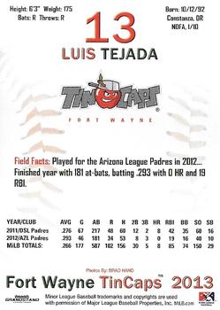 2013 Grandstand Fort Wayne TinCaps #NNO Luis Tejada Back