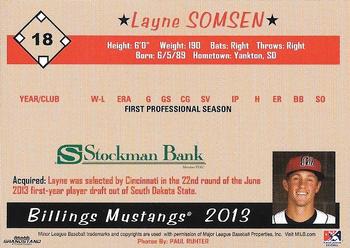 2013 Grandstand Billings Mustangs #NNO Layne Somsen Back