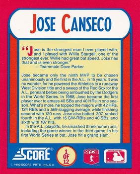 1990 Score 100 Superstars - The MVPs #1 Jose Canseco Back