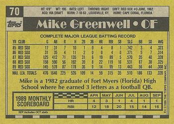 1990 Topps #70 Mike Greenwell Back