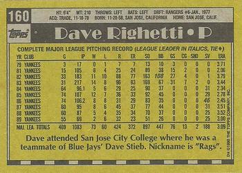 1990 Topps #160 Dave Righetti Back