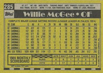 1990 Topps #285 Willie McGee Back
