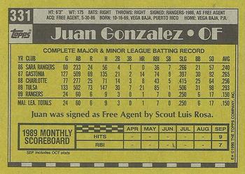 1990 Topps #331 Juan Gonzalez Back