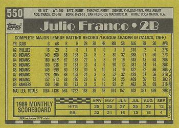 1990 Topps #550 Julio Franco Back