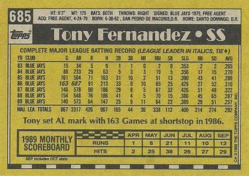1990 Topps #685 Tony Fernandez Back