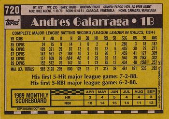 1990 Topps #720 Andres Galarraga Back