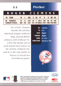 2001 Leaf Certified Materials #22 Roger Clemens Back