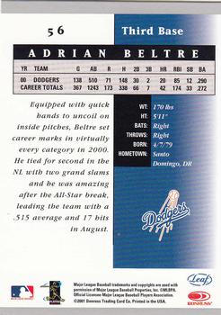2001 Leaf Certified Materials #56 Adrian Beltre Back