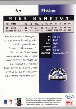 2001 Leaf Certified Materials #67 Mike Hampton Back
