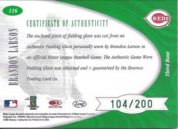 2001 Leaf Certified Materials #116 Brandon Larson Back
