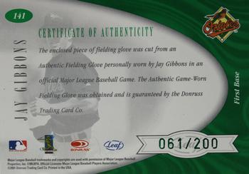 2001 Leaf Certified Materials #141 Jay Gibbons Back