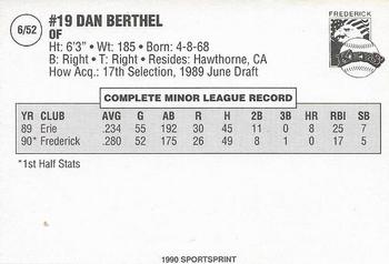 1990 SportsPrint Carolina League All-Stars #6 Dan Berthel Back