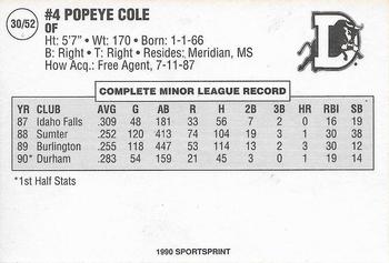 1990 SportsPrint Carolina League All-Stars #30 Popeye Cole Back