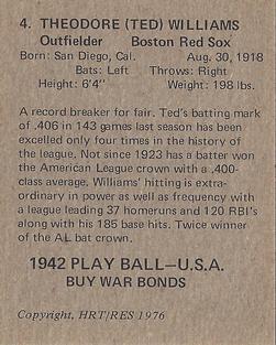 1976 HRT/RES 1942 Playball #4 Ted Williams Back