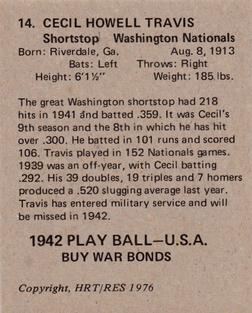 1976 HRT/RES 1942 Playball #14 Cecil Travis Back