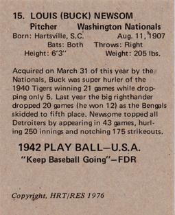 1976 HRT/RES 1942 Playball #15 Buck Newsom Back