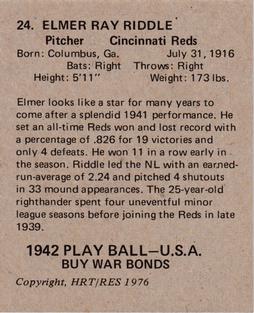 1976 HRT/RES 1942 Playball #24 Elmer Riddle Back