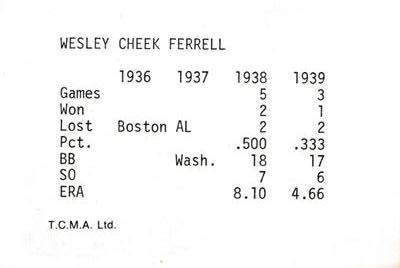 1974 TCMA 1936-1939 New York Yankee Dynasty #NNO Wes Ferrell Back