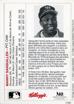 1991 Kellogg's Legends of Baseball (Spanish) #NNO Manny Sanguillen Back