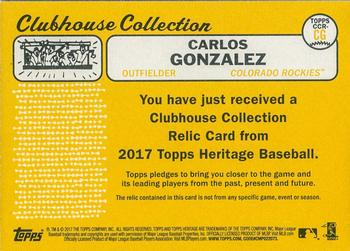 2017 Topps Heritage - Clubhouse Collection Relics #CCR-CG Carlos Gonzalez Back