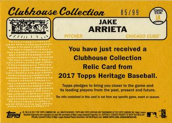 2017 Topps Heritage - Clubhouse Collection Relics Gold #CCR-JA Jake Arrieta Back