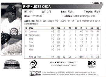 2008 Choice Daytona Cubs #08 Jose Ceda Back