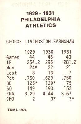 1974 TCMA 1929-1931 Philadelphia Athletics #NNO George Earnshaw Back
