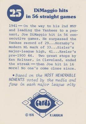1976 Laughlin Diamond Jubilee #25 DiMaggio hits in 56 straight games Back