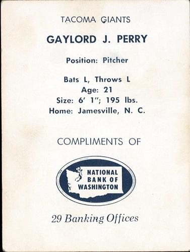 1961 National Bank of Washington Tacoma Giants #NNO Gaylord Perry Back