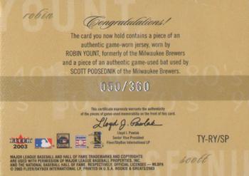 2003 Fleer Rookies & Greats - Through the Years Game Used Dual #TY-RYSP Robin Yount / Scott Podsednik Back