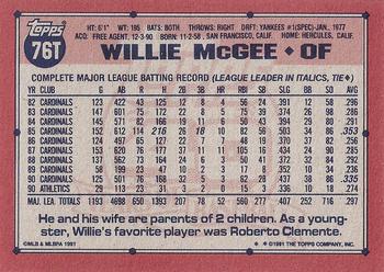 1991 Topps Traded - Gray Card Stock (Pack Version) #76T Willie McGee Back