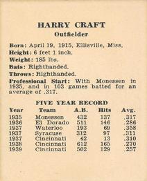 1940 Harry Hartman Cincinnati Reds (W711-2) #NNO Harry Craft Back