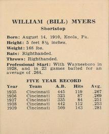 1940 Harry Hartman Cincinnati Reds (W711-2) #NNO Billy Myers Back