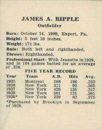 1940 Harry Hartman Cincinnati Reds (W711-2) #NNO Jimmy Ripple Back