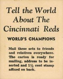1940 Harry Hartman Cincinnati Reds (W711-2) #NNO Tell The World About The Cincinnati Reds (World Champs) Front