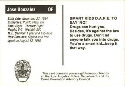1990 Los Angeles Dodgers Police #NNO Jose Gonzalez Back