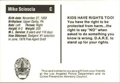 1990 Los Angeles Dodgers Police #NNO Mike Scioscia Back