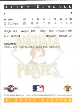 1993 Classic Best Augusta Pirates #1 Jason Kendall Back